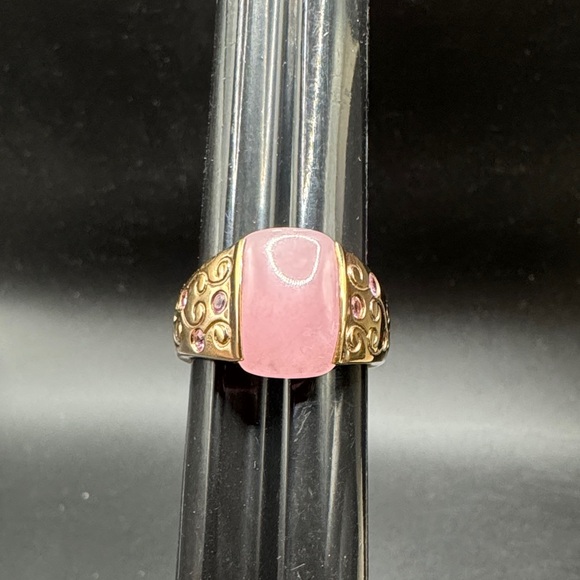 Estate Jewelry - 925 Sterling Size 9 Silver Rose Quartz & Pink Sapphire Gold Plated Ring 8.7 G